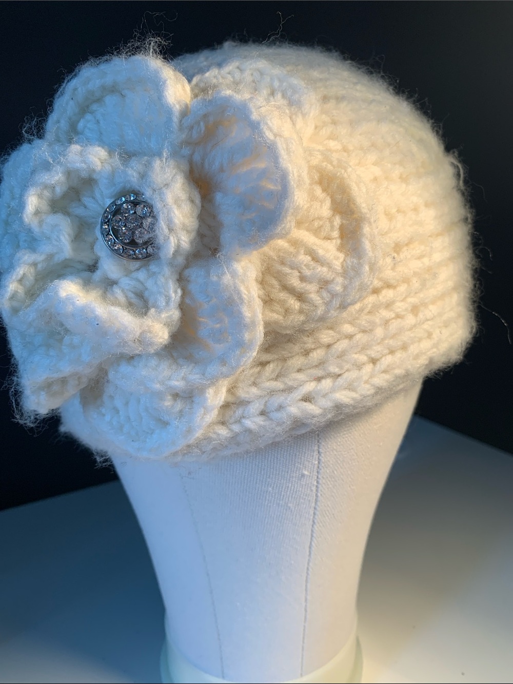 Cream Knit Flower Ear Warmer with Rhinestone Accent